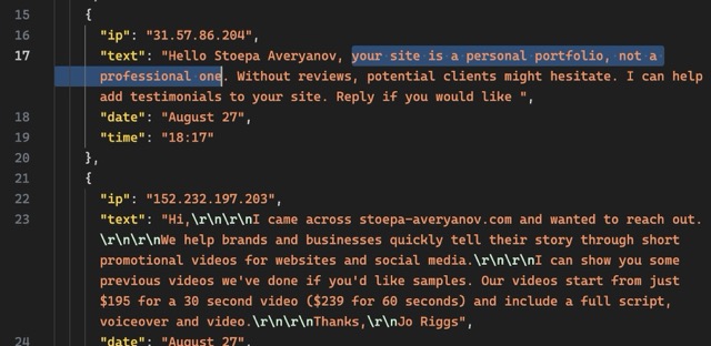 A screenshot showing some of the automated messages I got from bots