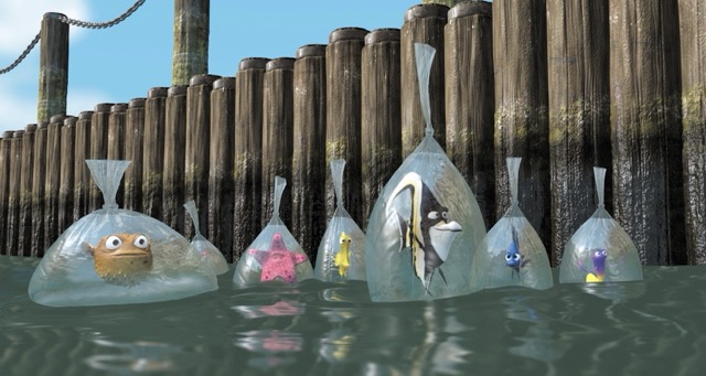 A shot from Finding Nemo showing fish in water bubbles floating in the sea.